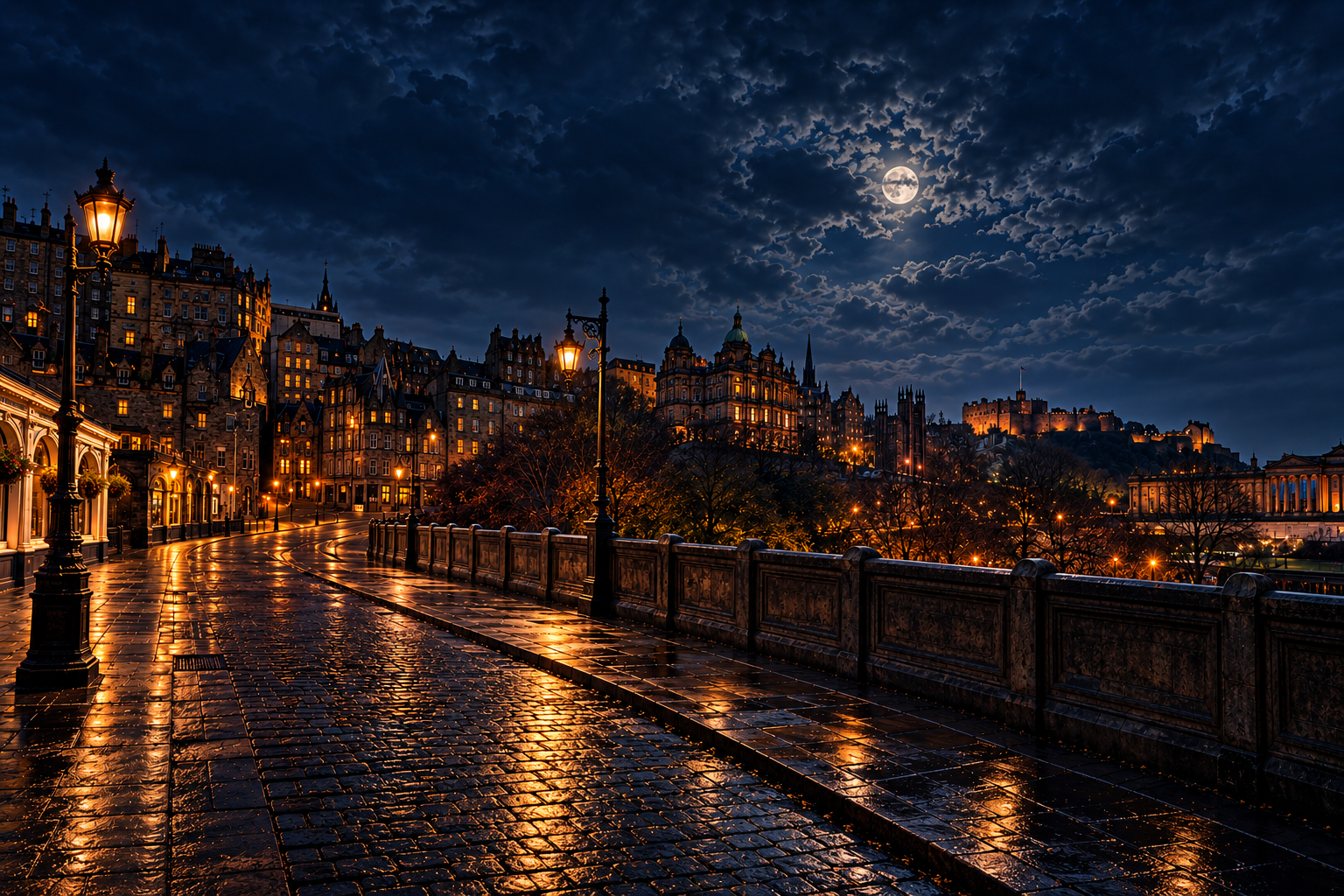 Moonlit Edinburgh Old Town and Edinburgh Castle, with amber lamps reflected on wet cobbles