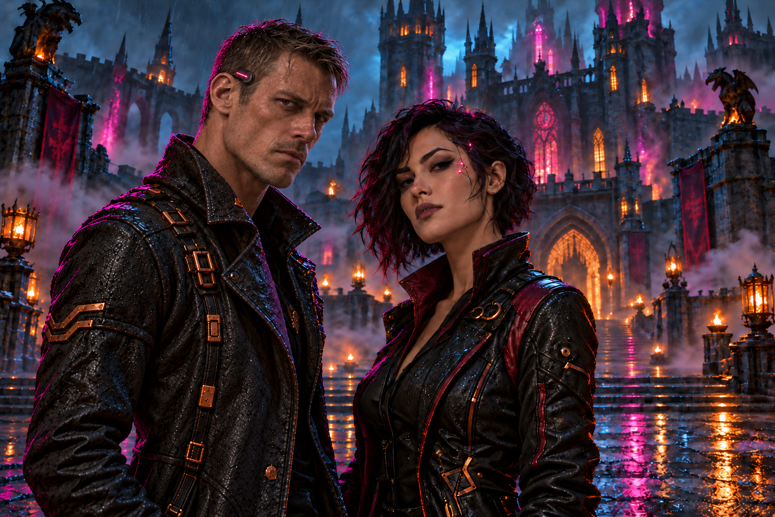A cyberpunk man and woman before a rain-soaked Gothic castle