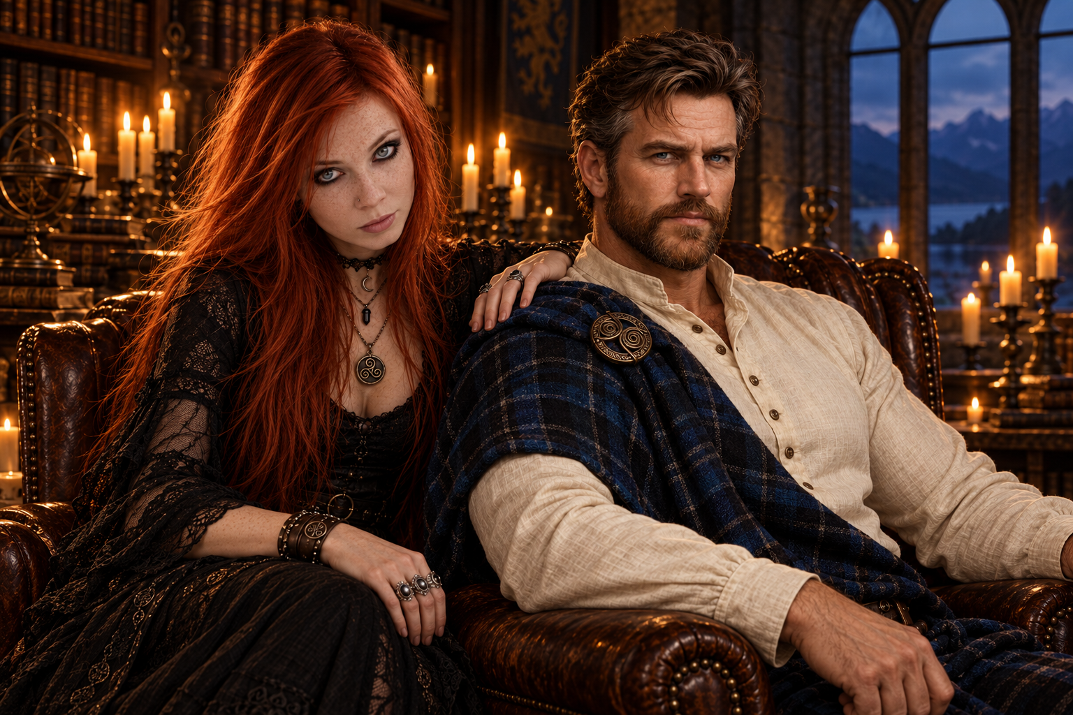 Coira and the grey-haired Laird seated beside one another in a candlelit castle study, her hand resting on his shoulder