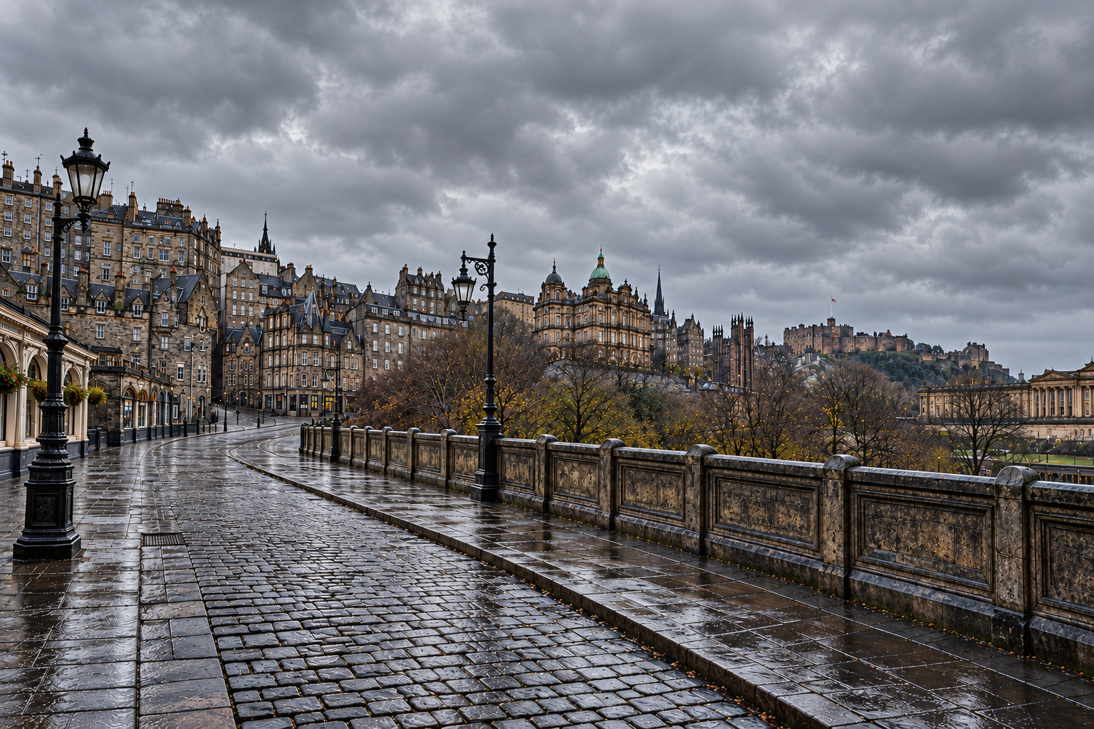 Edinburgh under overcast grey skies, with crisp stone buildings and damp cobbles