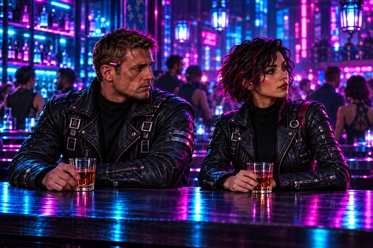 The Elsewhere pair watching the room from a single continuous neon-lit bar
