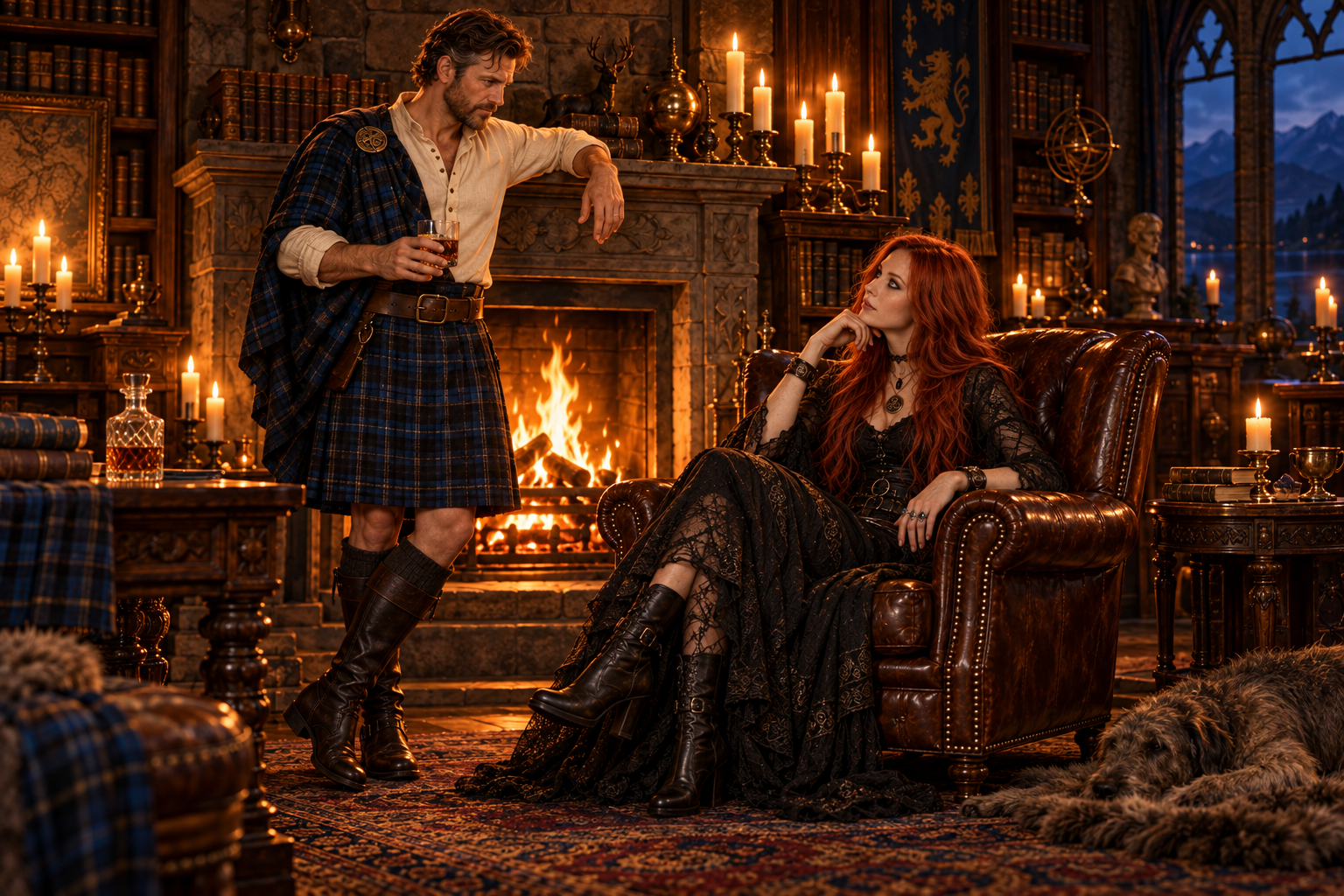 The Laird leaning on the mantelpiece with whisky while Coira sits facing him with her legs crossed