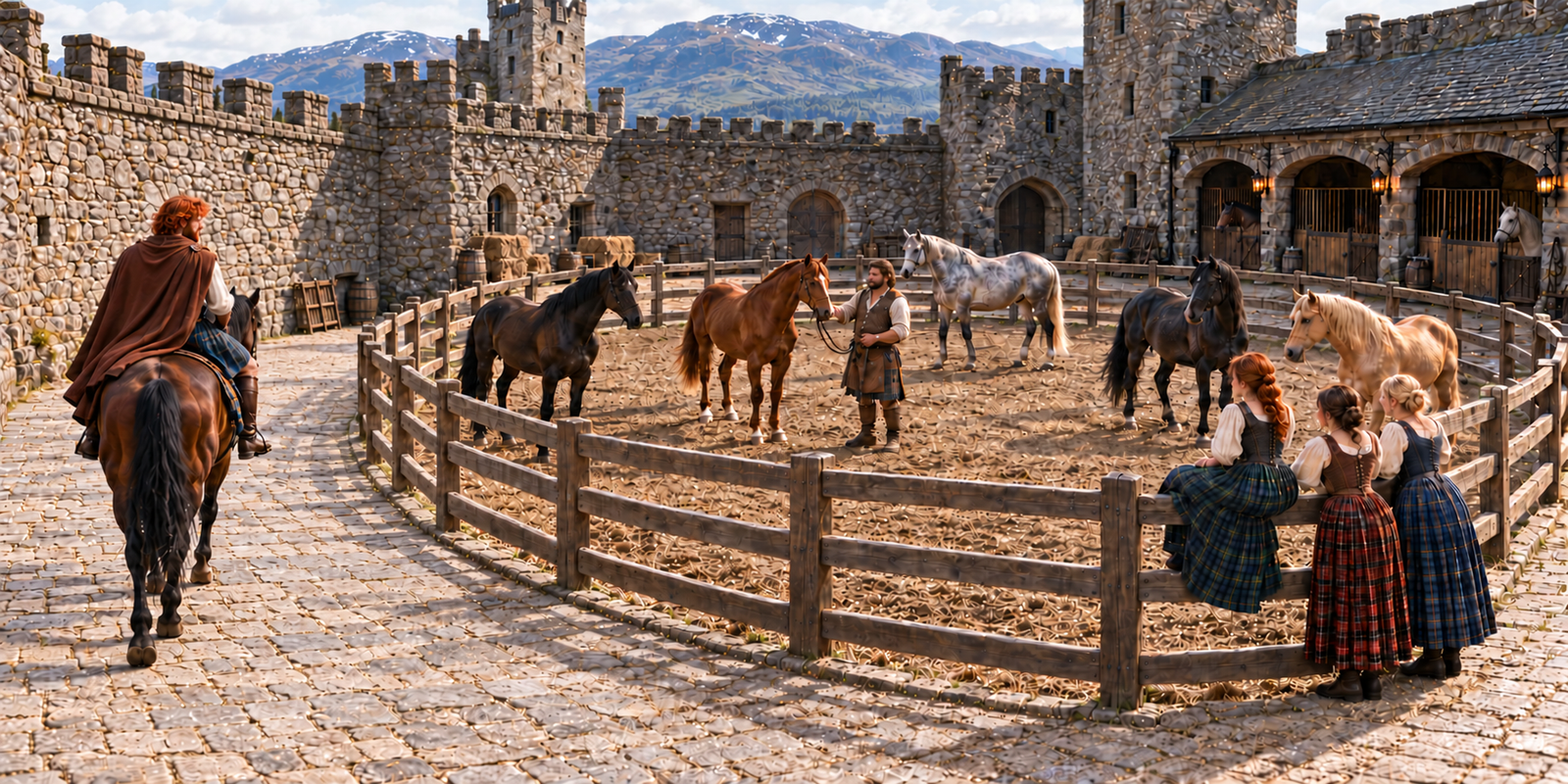The Scribe riding beside the circular horse pen, with Lachlan tending a horse and three maids watching from the fence