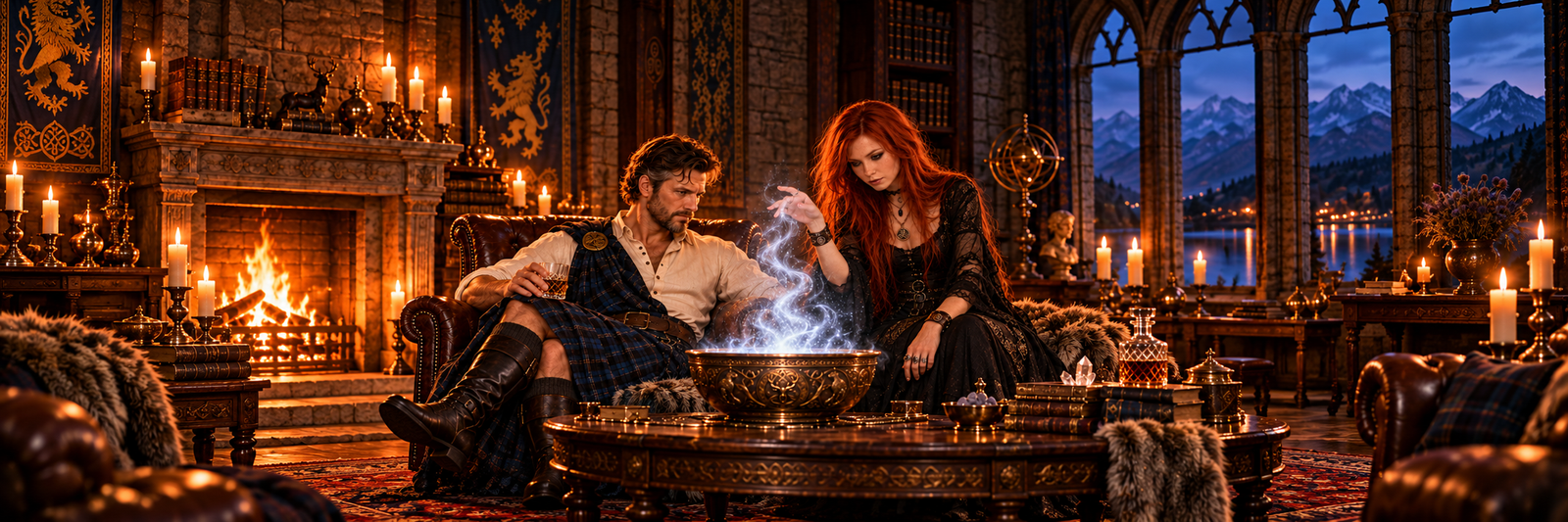 Coira, her full head visible, conjuring mist from a bowl beside the seated Laird with his whisky